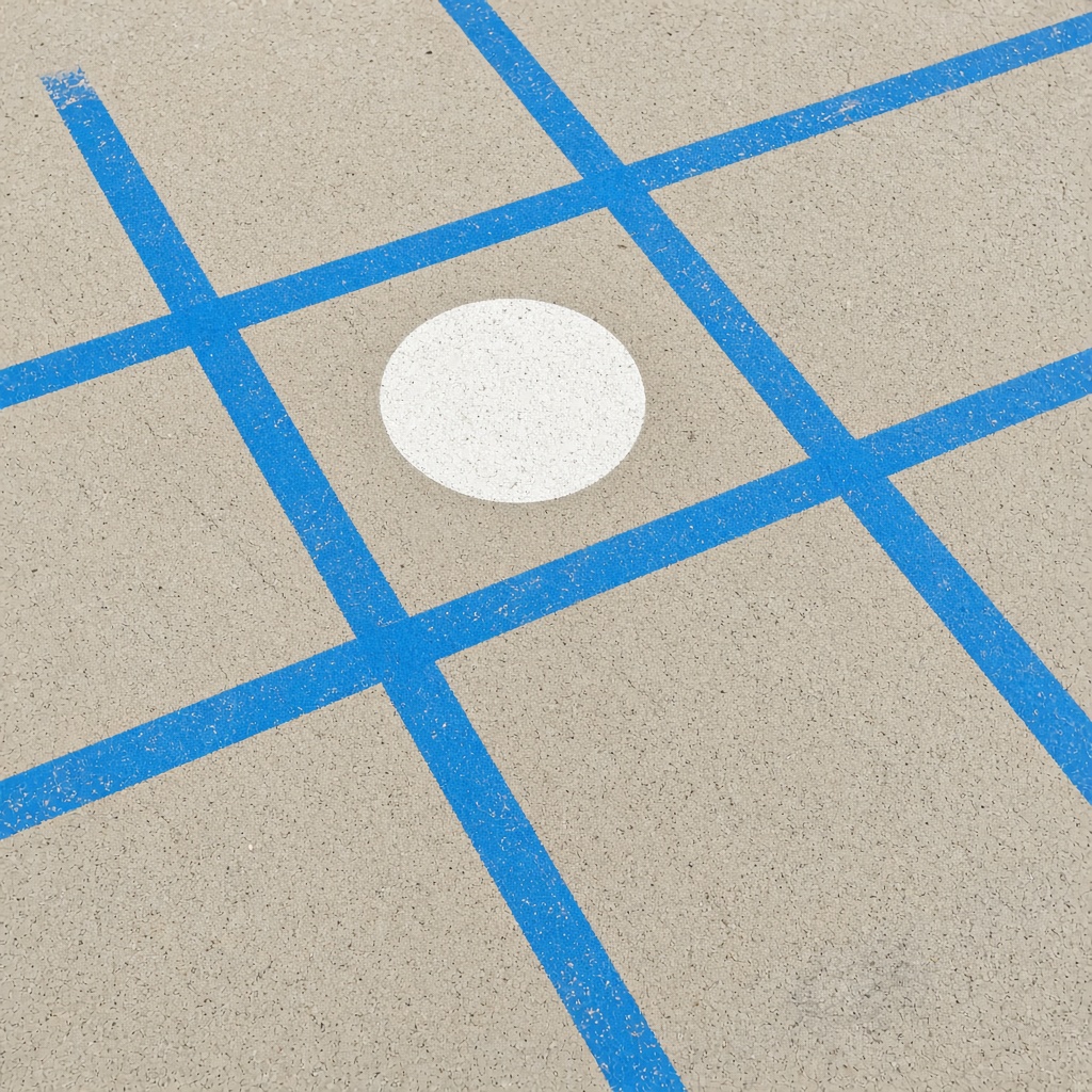 Painted play grid and a white disc on pavement