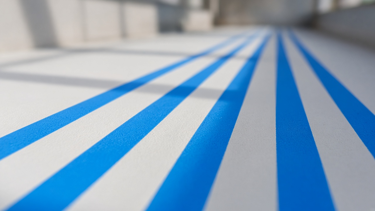 Receding blue lane stripes in afternoon light
