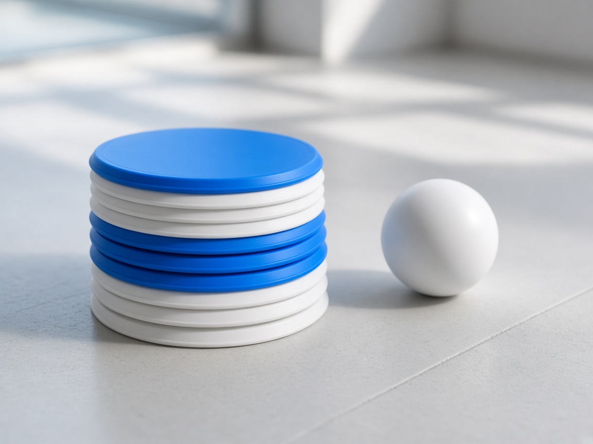 Stacked blue cones and a white ball on a gym floor