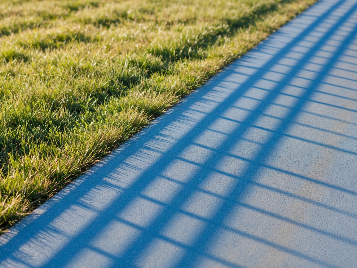 Sunlit grass meeting a pale painted lane